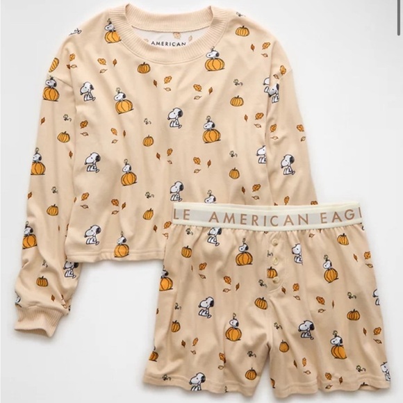 American Eagle Peanuts Snoopy Fall Pumpkin Pajamas - Picture 1 of 3